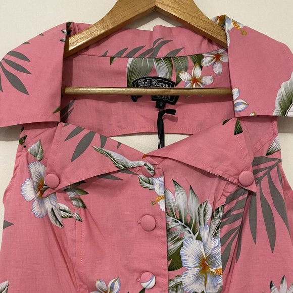 Hell Bunny Vixen Size Small Hawaiian Print Pink Pin Up Peplum Top Blouse New - Picture 5 of 13